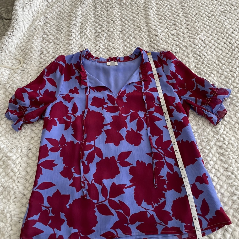 J. Crew Purple/Blue Blouse with Burgundy Floral Tie-Neck